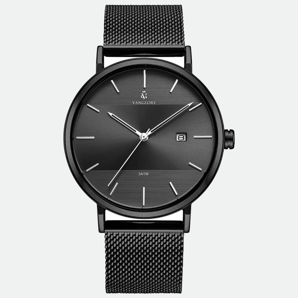 Relógio masculino minimalista Vanglore Selecty preto, 40mm, aço inox com pulseira de malha, vista frontal