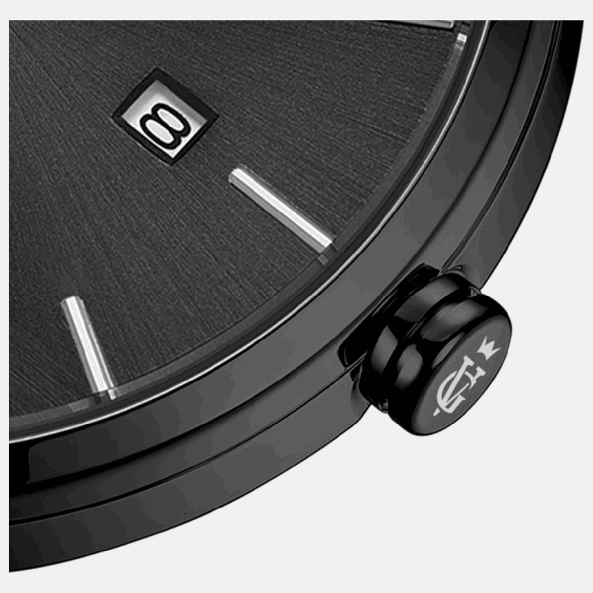 Relógio masculino minimalista Vanglore Selecty preto, 40mm, aço inox com pulseira de malha, detalhe do mostrador e da coroa
