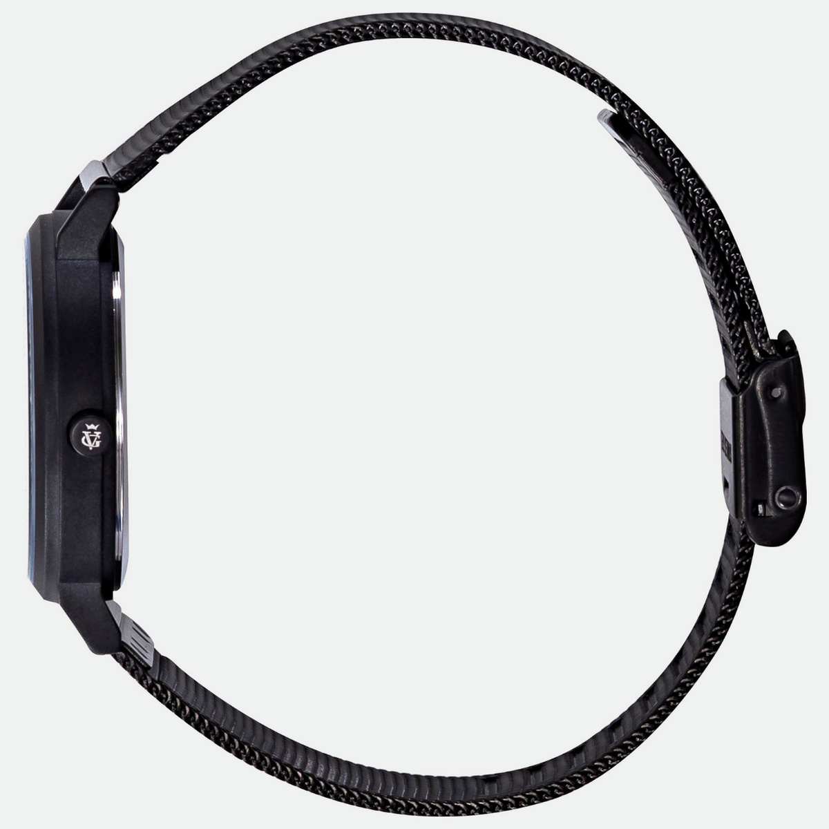 Relógio masculino minimalista Vanglore Selecty preto, 40mm, aço inox com pulseira de malha, vista lateral