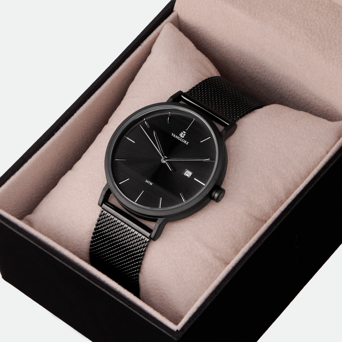 Relógio masculino minimalista Vanglore Selecty preto, 40mm, aço inox com pulseira de malha, no estojo Vanglore