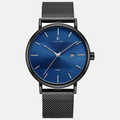 Relógio masculino minimalista Vanglore Selecty preto com visor azul, 40mm, aço inox com pulseira de malha, vista frontal