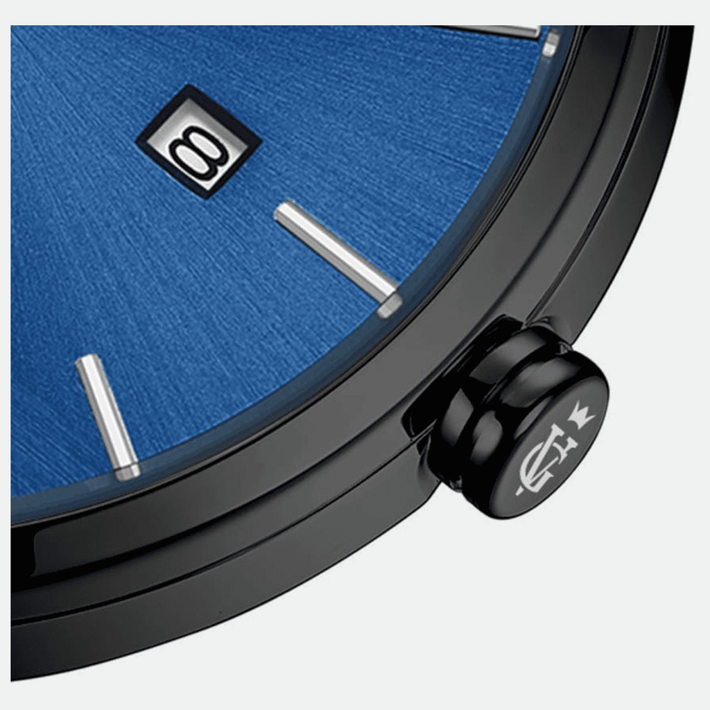 Relógio masculino minimalista Vanglore Selecty preto com visor azul, 40mm, aço inox com pulseira de malha, detalhe do mostrador e da coroa