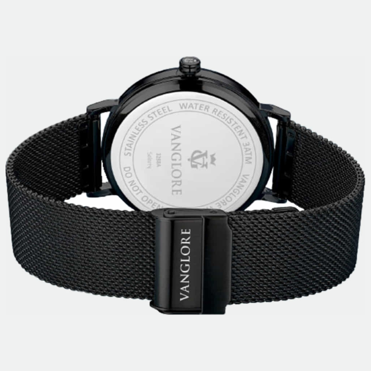Relógio masculino minimalista Vanglore Selecty preto com visor azul, 40mm, aço inox com pulseira de malha, fundo da caixa e fecho