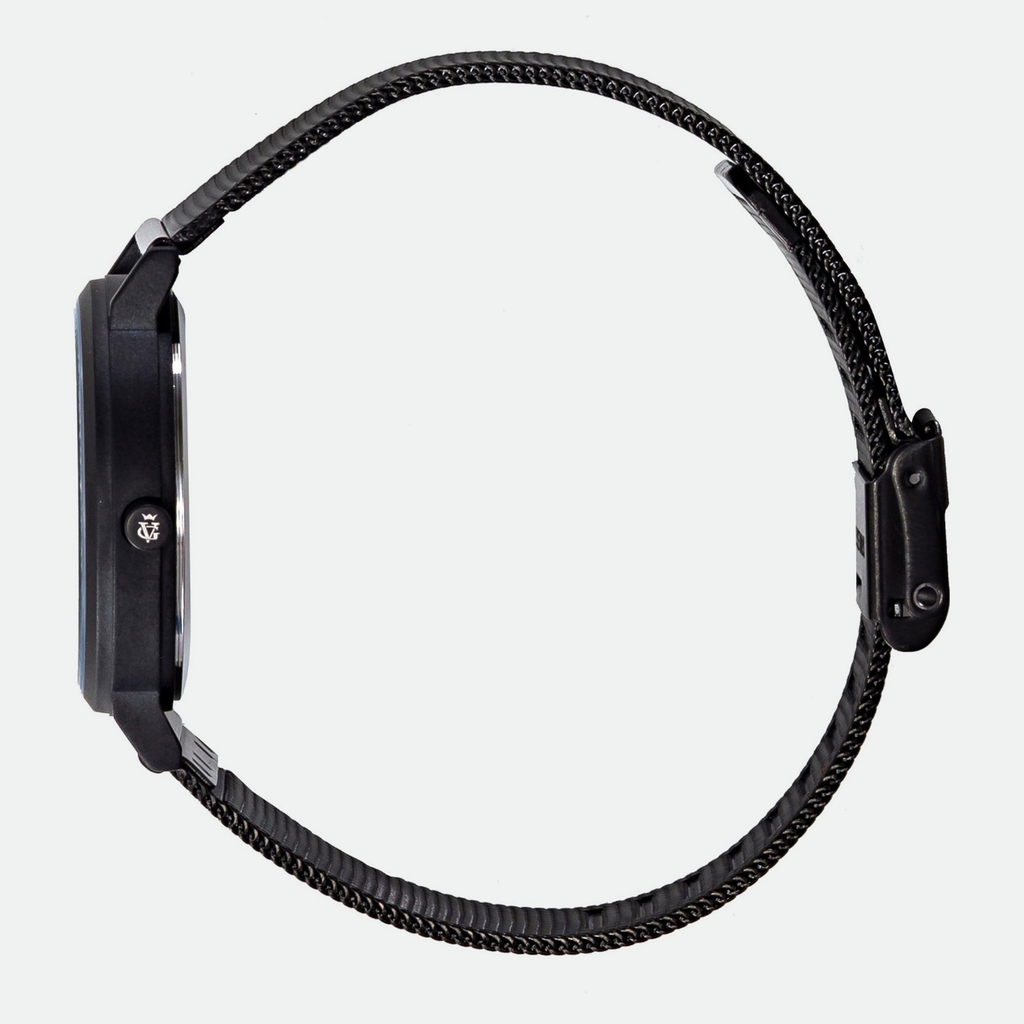Relógio masculino minimalista Vanglore Selecty preto com visor azul, 40mm, aço inox com pulseira de malha, vista lateral
