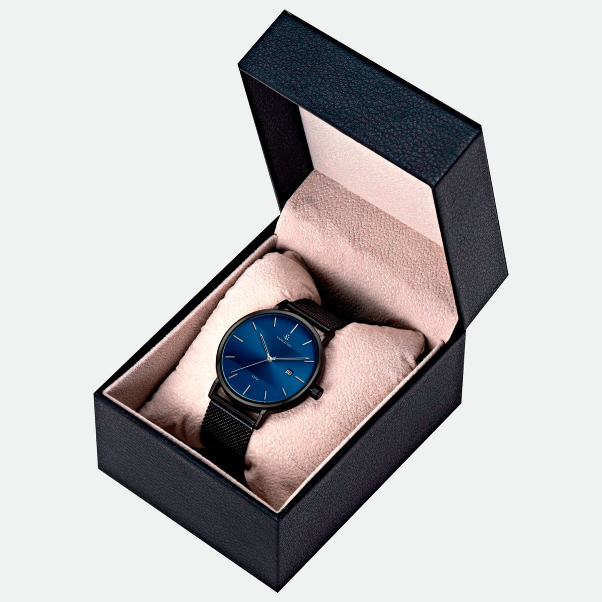 Relógio masculino minimalista Vanglore Selecty preto com visor azul, 40mm, aço inox com pulseira de malha, no estojo Vanglore