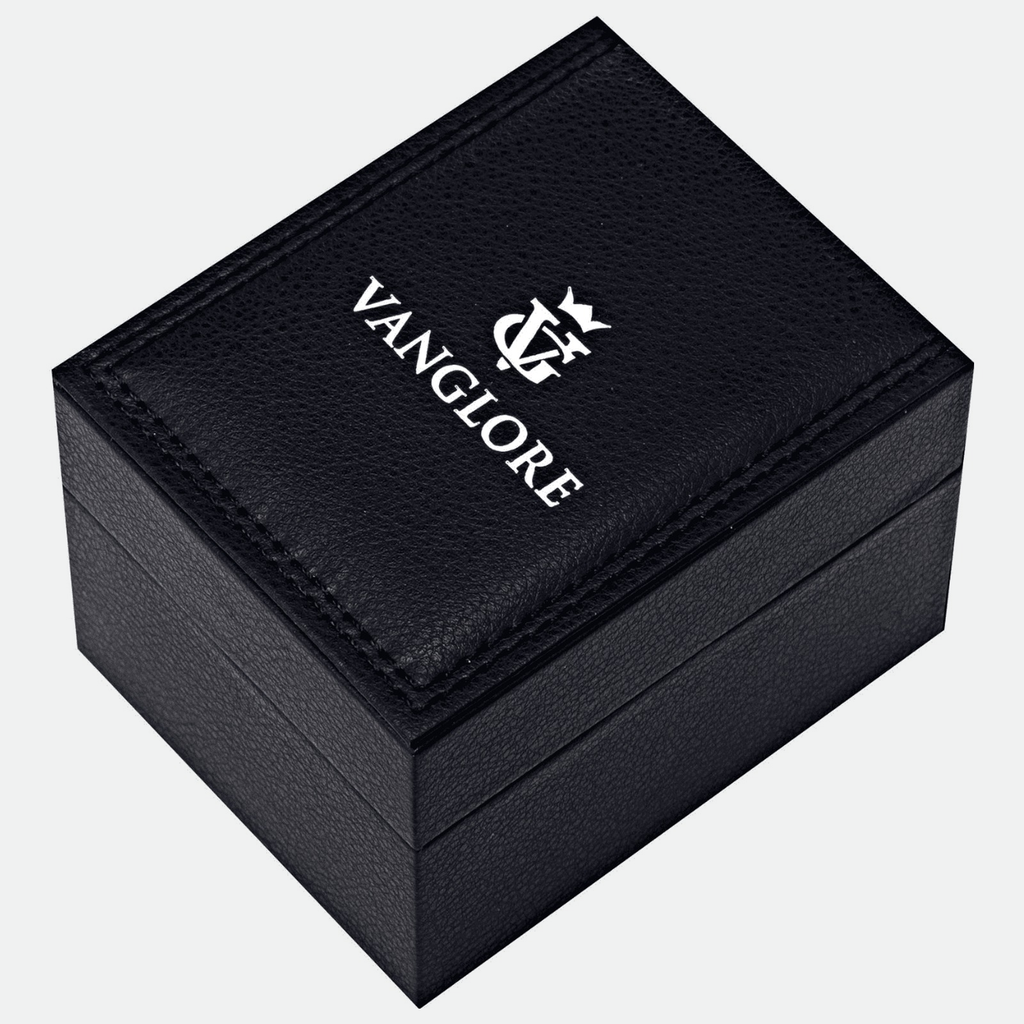 Relógio masculino minimalista Vanglore Selecty preto com visor azul, 40mm, aço inox com pulseira de malha, estojo Vanglore