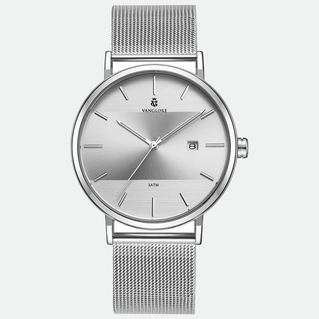 Relógio masculino minimalista Vanglore Selecty prata, 40mm, aço inox com pulseira de malha, vista frontal