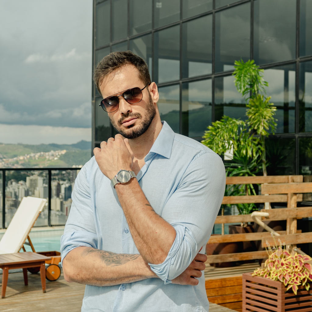 Relógio masculino minimalista Vanglore Selecty prata, 40mm, aço inox com pulseira de malha, look casual