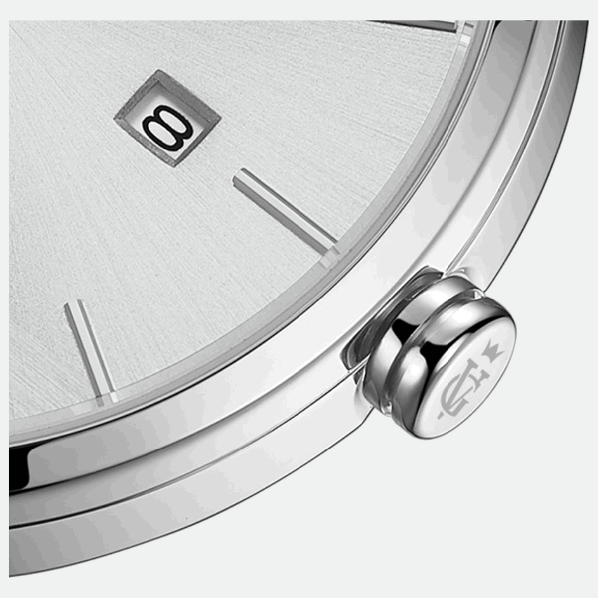 Relógio masculino minimalista Vanglore Selecty prata, 40mm, aço inox com pulseira de malha, detalhe do mostrador e da coroa