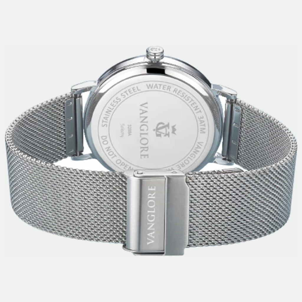 Relógio masculino minimalista Vanglore Selecty prata, 40mm, aço inox com pulseira de malha, fundo da caixa e fecho