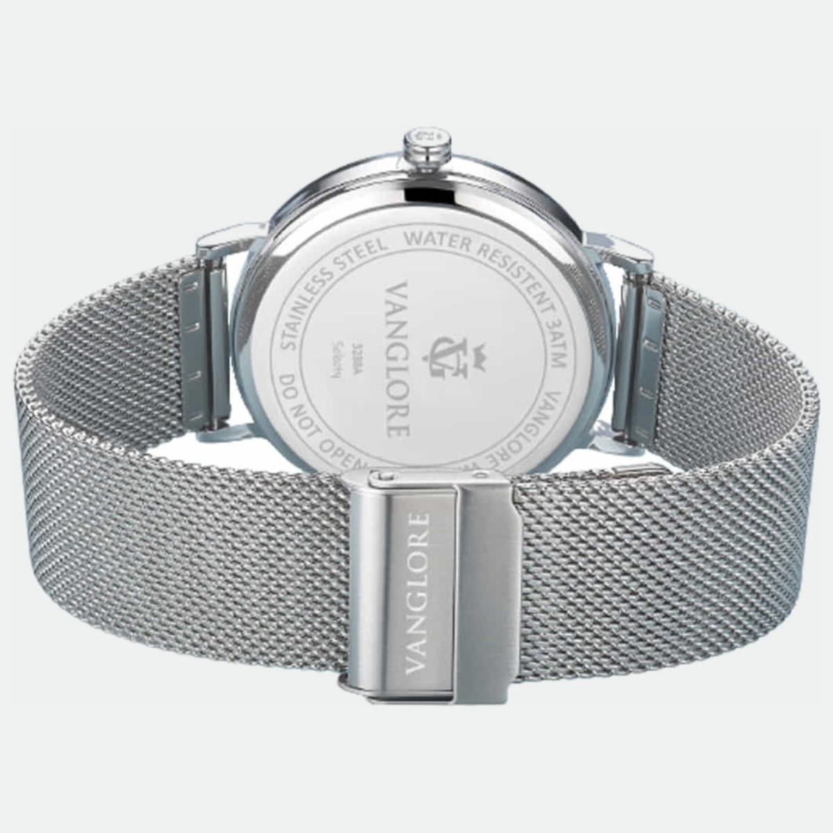 Relógio masculino minimalista Vanglore Selecty prata, 40mm, aço inox com pulseira de malha, fundo da caixa e fecho