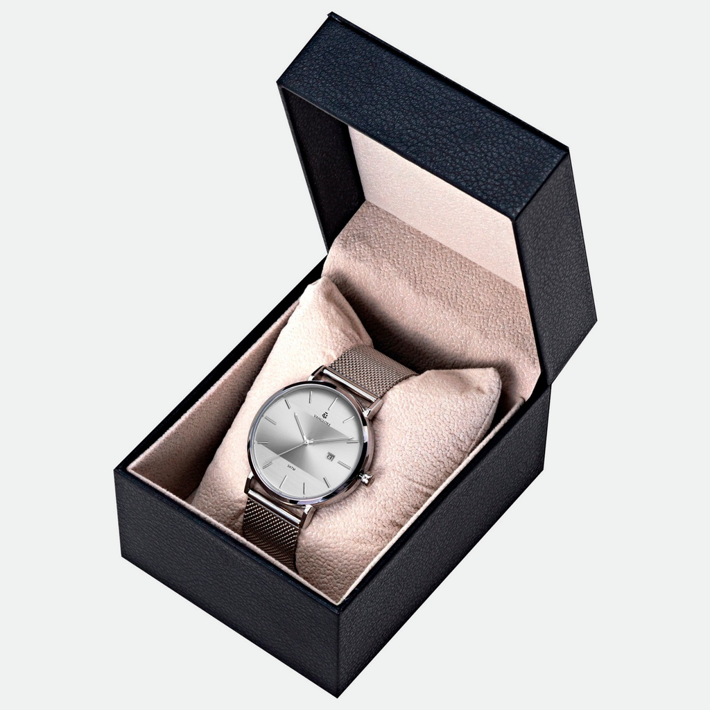 Relógio masculino minimalista Vanglore Selecty prata, 40mm, aço inox com pulseira de malha, no estojo Vanglore