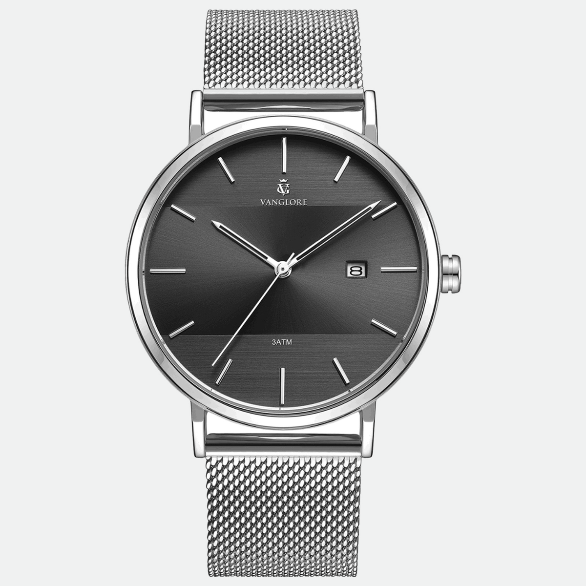 Relógio masculino minimalista Vanglore Selecty prata com visor preto, 40mm, aço inox com pulseira de malha, vista frontal