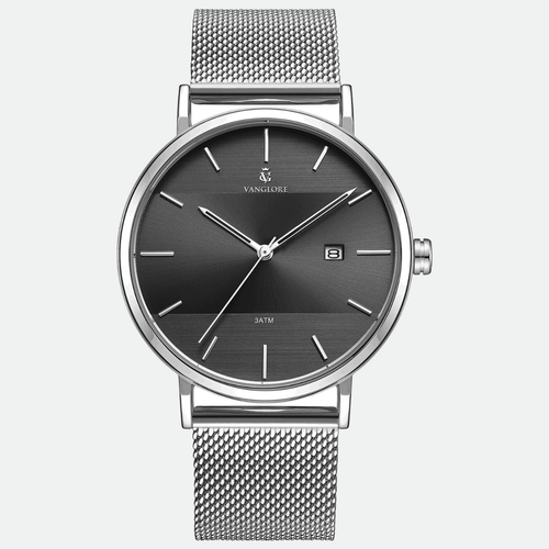 Relógio masculino prata com visor preto Vanglore Selecty 3288a 40 mm, pulseira mesh em aço inox, vista frontal