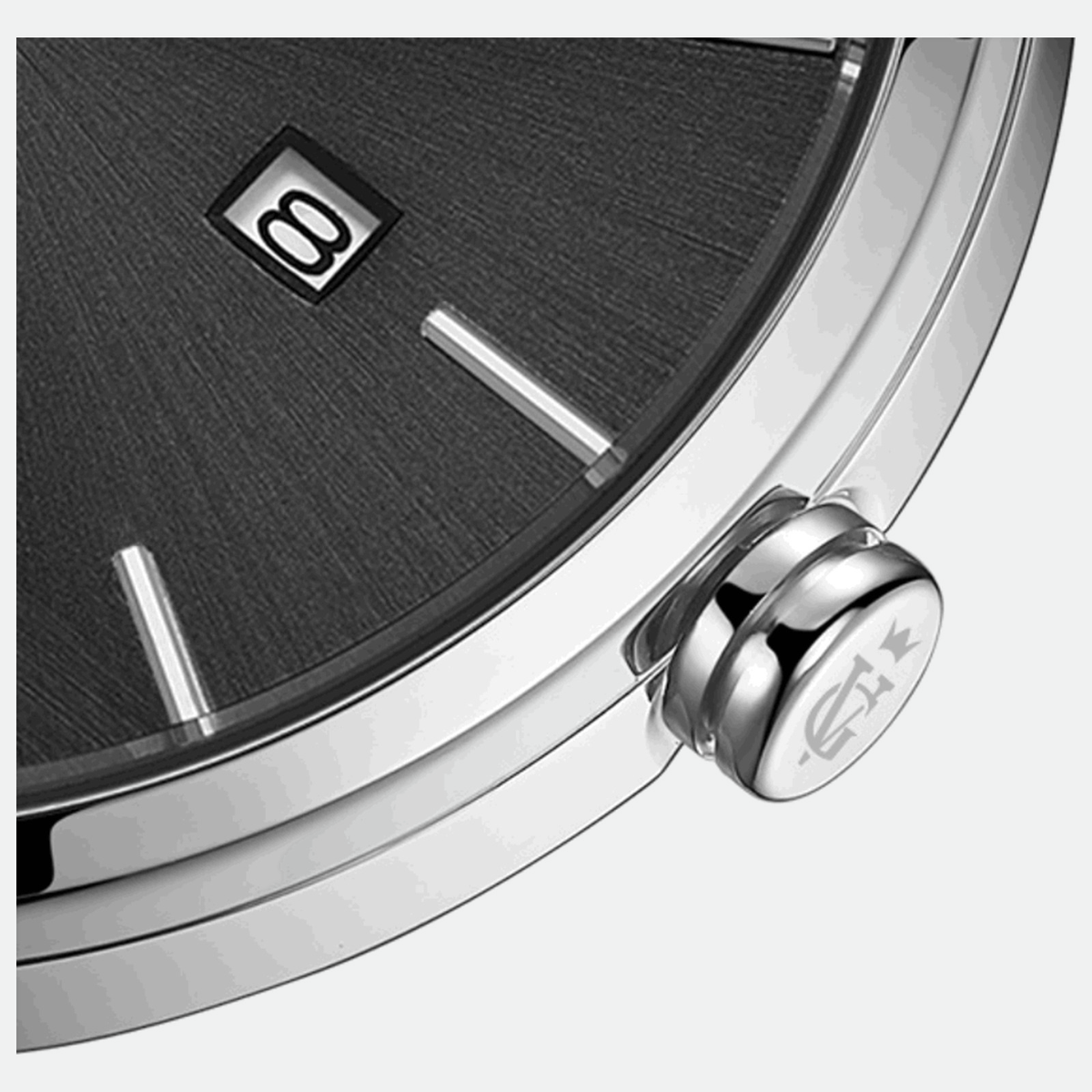 Relógio masculino minimalista Vanglore Selecty prata com visor preto, 40mm, aço inox com pulseira de malha, detalhe do mostrador e da coroa