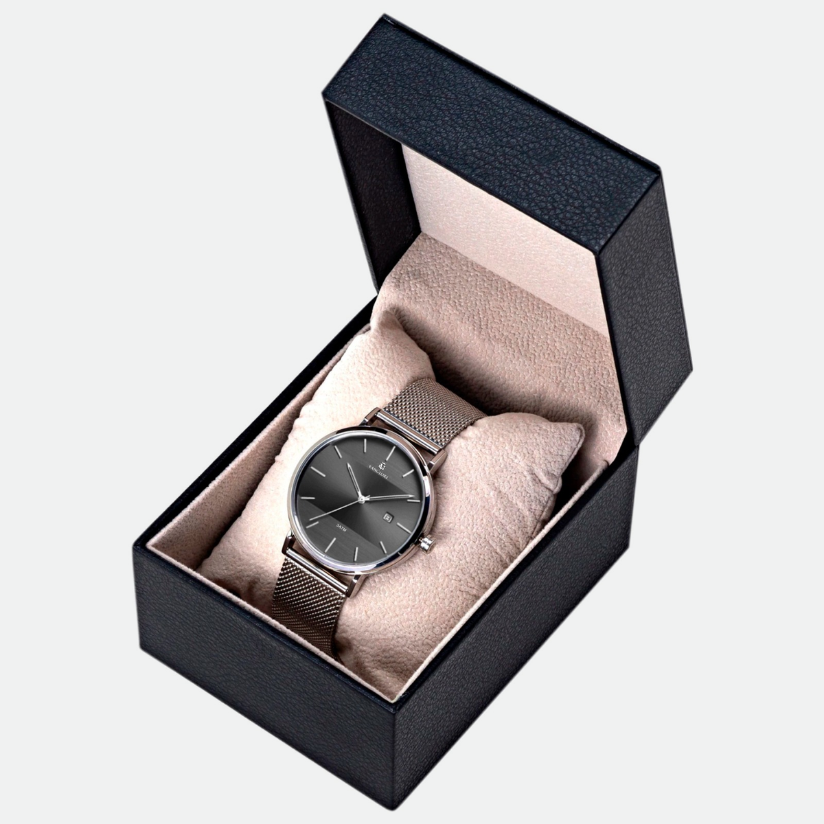 Relógio masculino minimalista Vanglore Selecty prata com visor preto, 40mm, aço inox com pulseira de malha, no estojo Vanglore