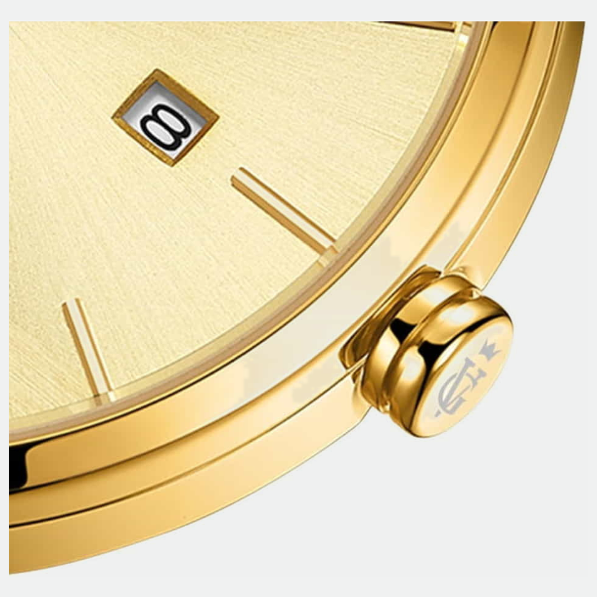 Relógio feminino Vanglore Selecty dourado 33mm, pulseira mesh, detalhe do mostrador e da coroa