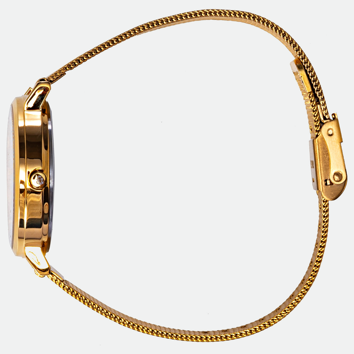 Relógio feminino Vanglore Selecty dourado 33mm, pulseira mesh, vista lateral
