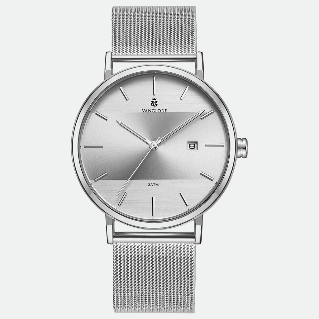 Relógio feminino Vanglore Selecty prata 33mm, pulseira mesh, vista frontal