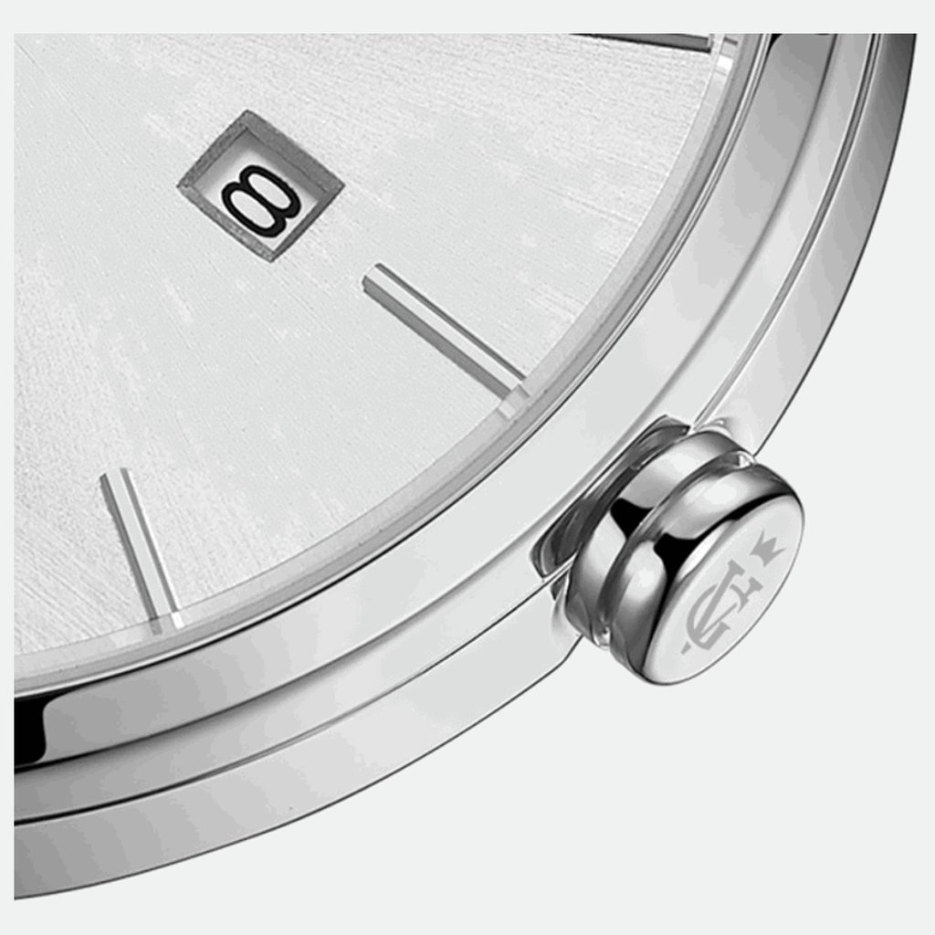 Relógio feminino Vanglore Selecty prata 33mm, pulseira mesh, detalhe do mostrador e da coroa