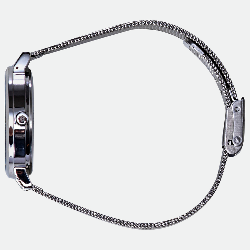 Relógio feminino Vanglore Selecty prata 33mm, pulseira mesh, vista lateral