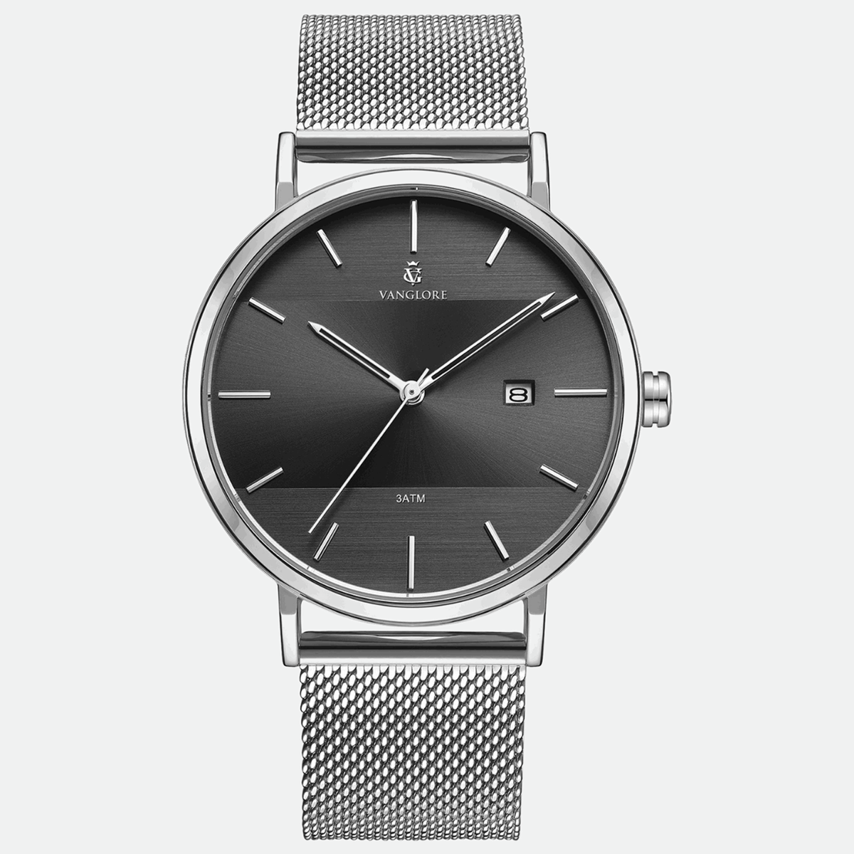 Relógio feminino Vanglore Selecty prata com fundo preto 33mm, pulseira mesh, vista frontal