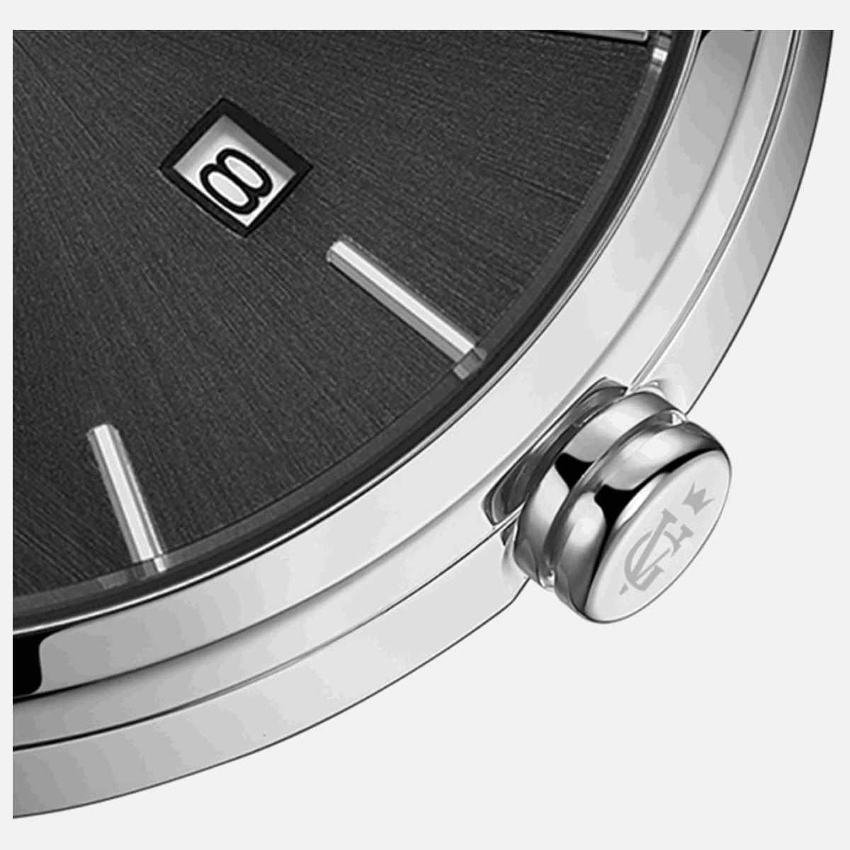 Relógio feminino Vanglore Selecty prata com fundo preto 33mm, pulseira mesh, detalhe do mostrador e da coroa
