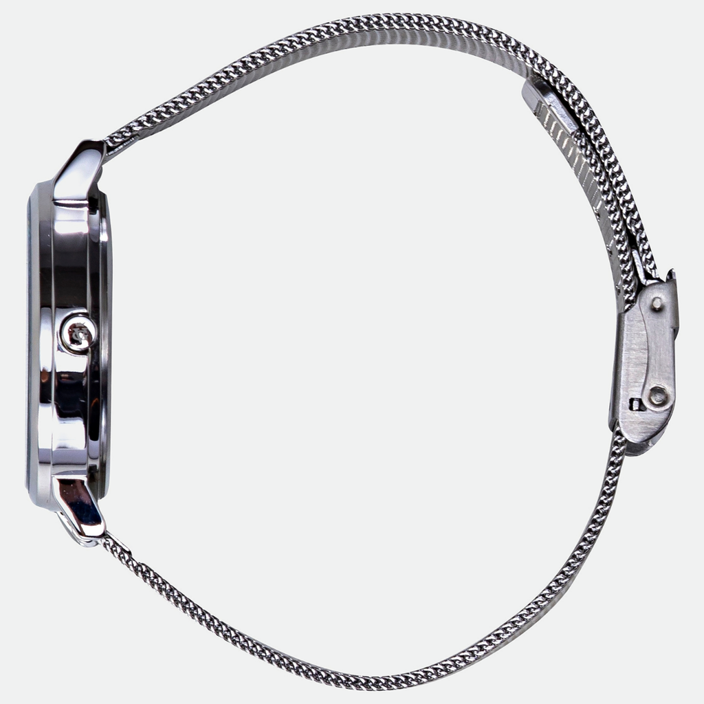 Relógio feminino Vanglore Selecty prata com fundo preto 33mm, pulseira mesh, vista lateral