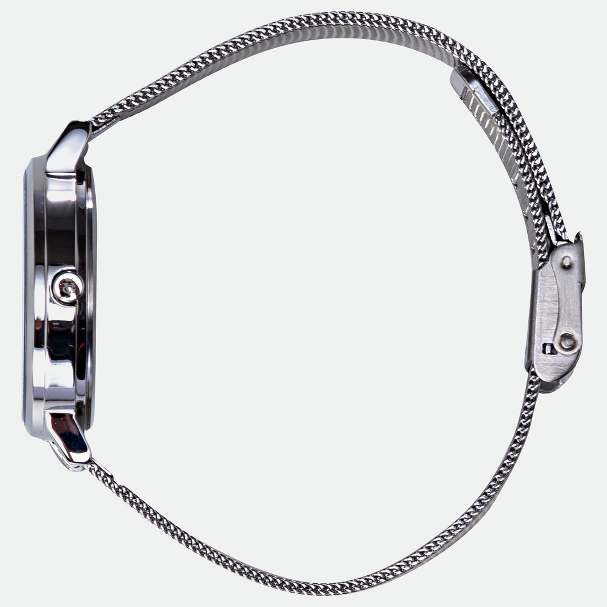 Relógio feminino Vanglore Selecty prata com fundo preto 33mm, pulseira mesh, vista lateral