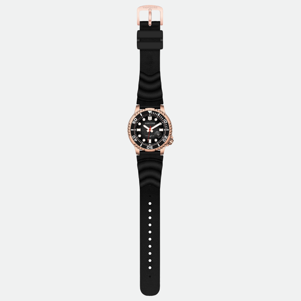 Relógio masculino Vanglore Pro Diver rose gold com fundo preto 44mm, pulseira preta, vista completa com pulseira