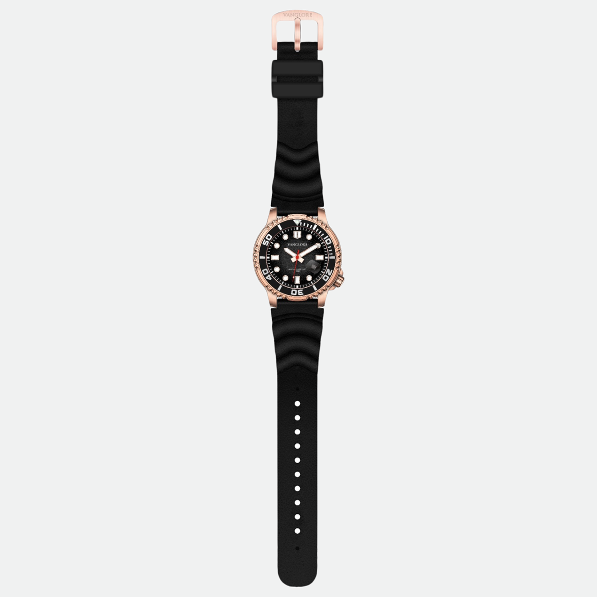 Relógio masculino Vanglore Pro Diver rose gold com fundo preto 44mm, pulseira preta, vista completa com pulseira