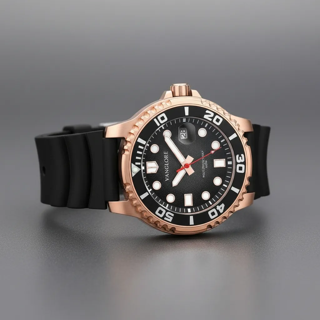 Relógio masculino Vanglore Pro Diver rose gold com fundo preto 44mm, pulseira preta, foto ambientada no pulso