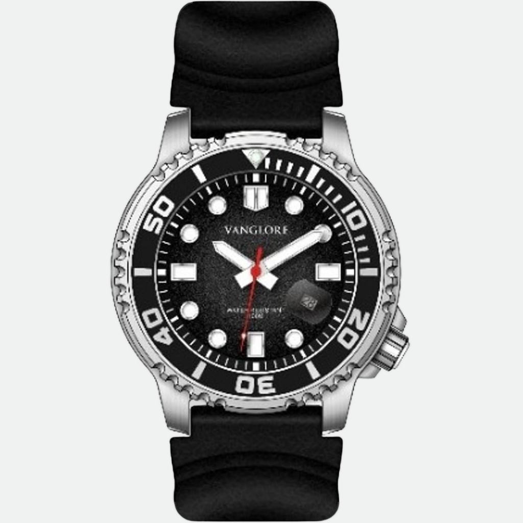 Relógio masculino Vanglore Pro Diver prata com fundo preto 44mm, pulseira preta, vista frontal