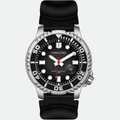 Relógio masculino Vanglore Pro Diver prata com fundo preto 44mm, pulseira preta, vista frontal
