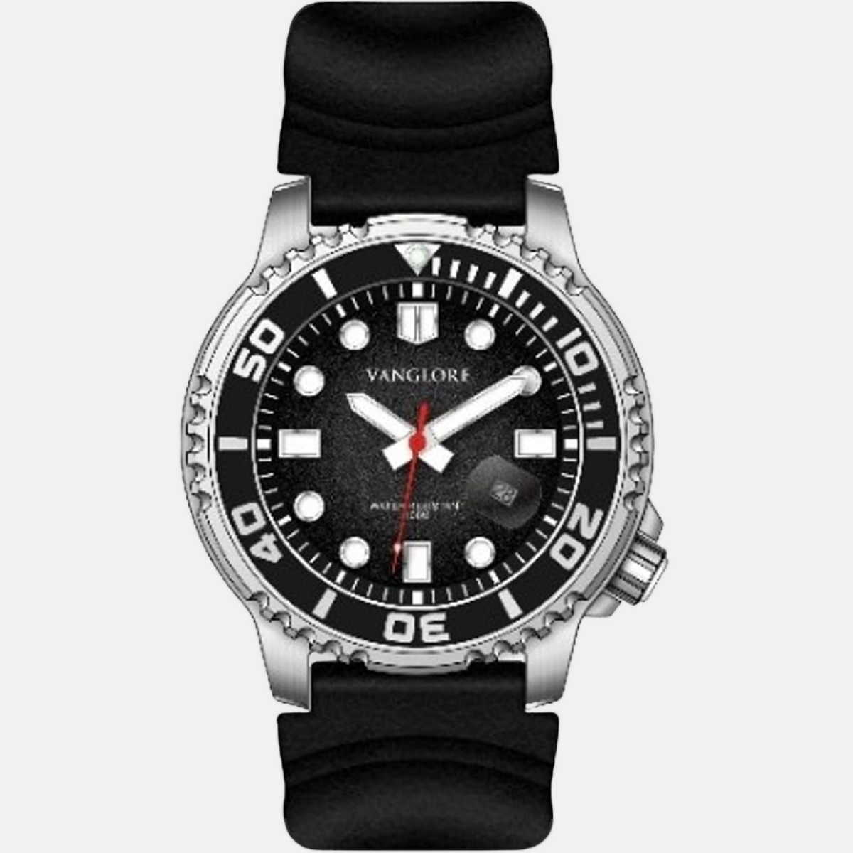 Relógio masculino Vanglore Pro Diver prata com fundo preto 44mm, pulseira preta, vista frontal