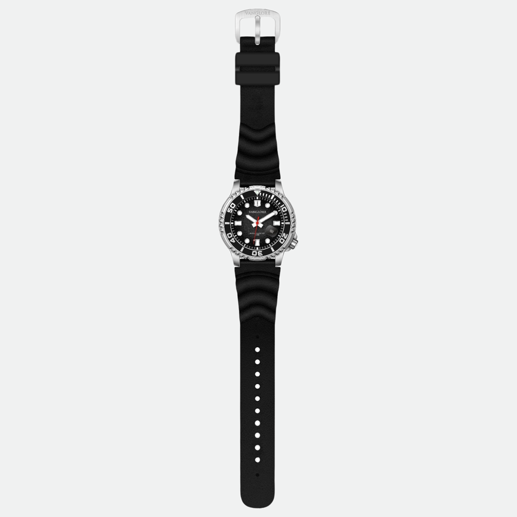 Relógio masculino Vanglore Pro Diver prata com fundo preto 44mm, pulseira preta, vista completa com pulseira
