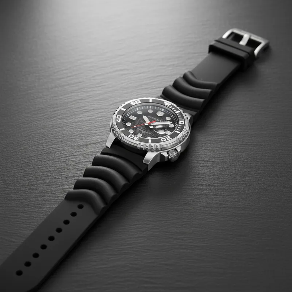 Relógio masculino Vanglore Pro Diver prata com fundo preto 44mm, pulseira preta, foto ambientada no pulso