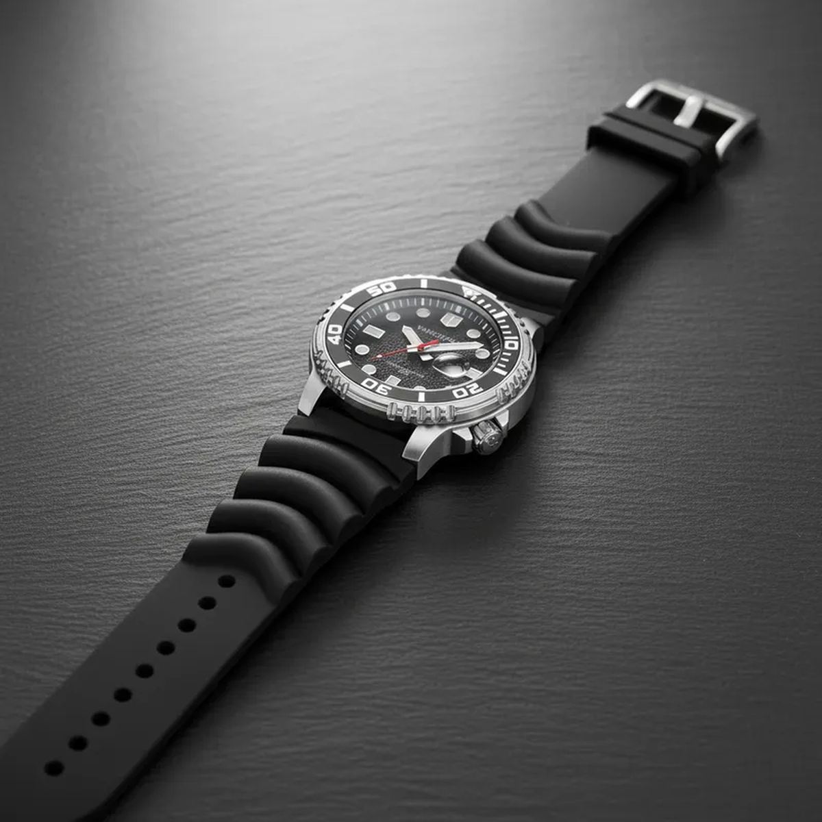 Relógio masculino Vanglore Pro Diver prata com fundo preto 44mm, pulseira preta, foto ambientada no pulso