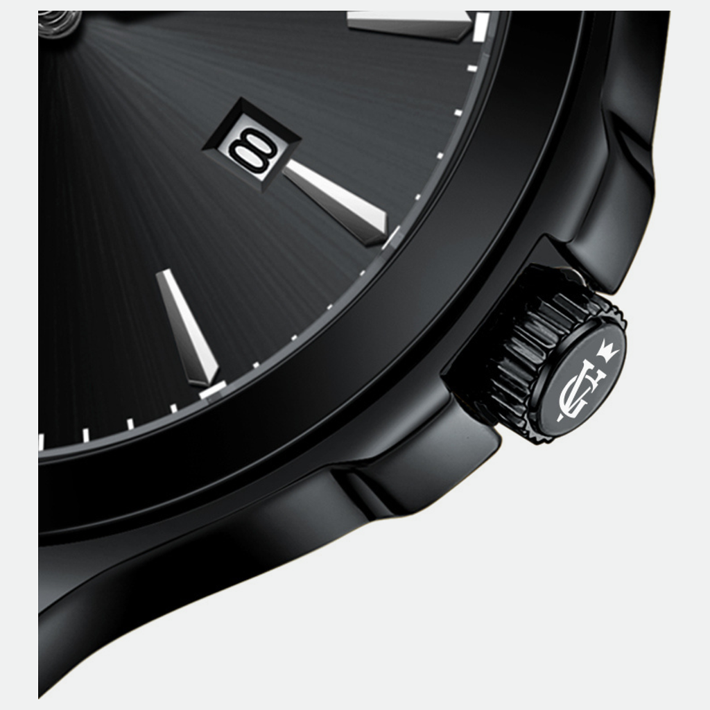 Relógio masculino Vanglore Upclassic preto, 40mm, metal e aço inox, detalhe do mostrador e da coroa