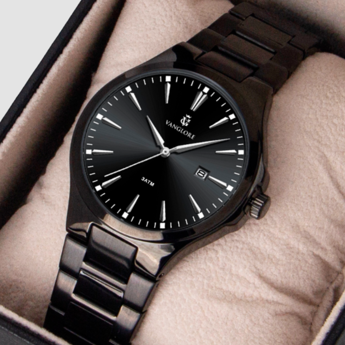 Relógio masculino Vanglore Upclassic preto, 40mm, metal e aço inox, no estojo, close