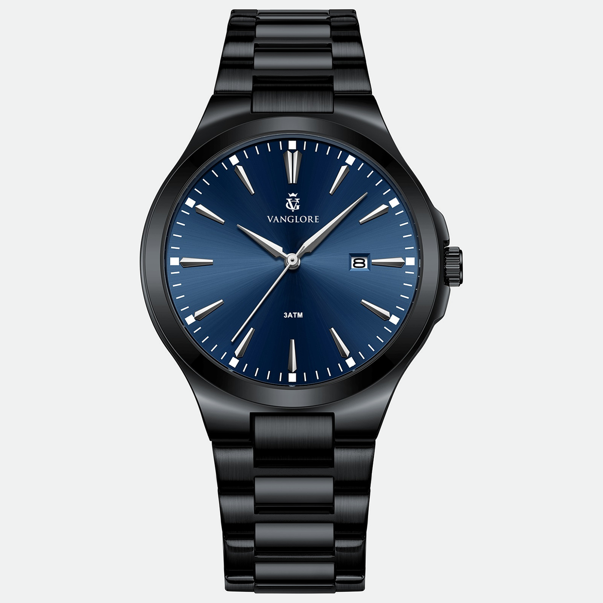 Relógio masculino Vanglore Upclassic preto com visor azul, 40mm, metal e aço inox, vista frontal