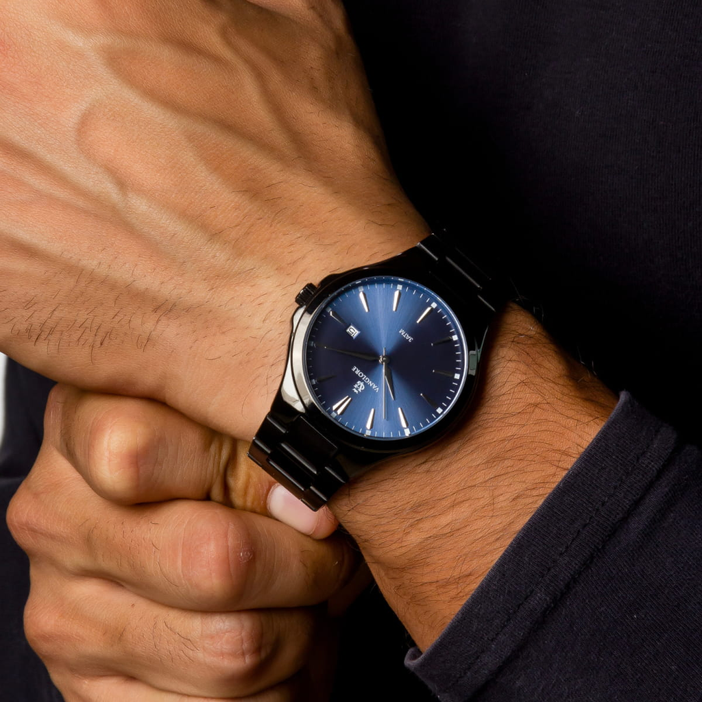 Relógio masculino Vanglore Upclassic preto com visor azul, 40mm, metal e aço inox, no pulso