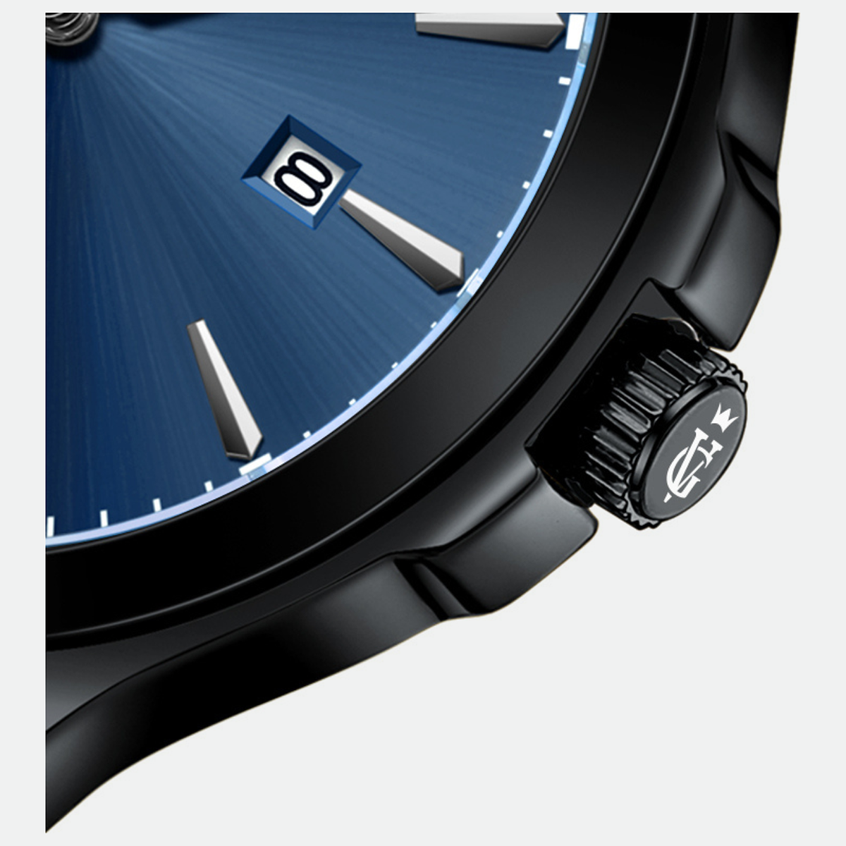 Relógio masculino Vanglore Upclassic preto com visor azul, 40mm, metal e aço inox, detalhe do mostrador e da coroa
