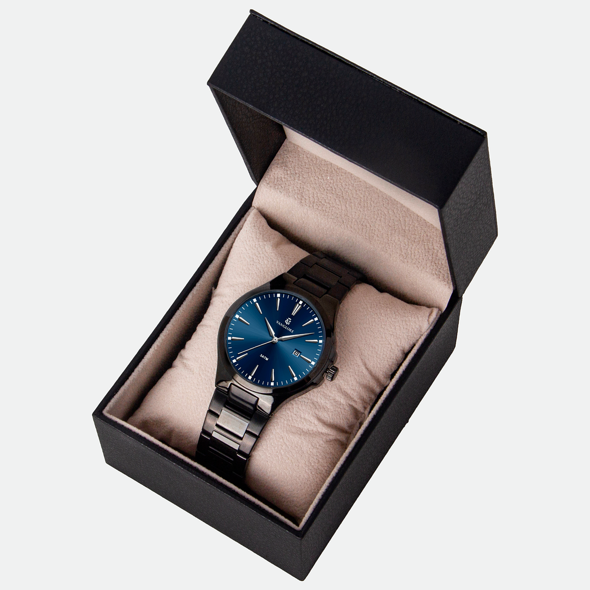Relógio masculino Vanglore Upclassic preto com visor azul, 40mm, metal e aço inox, no estojo Vanglore