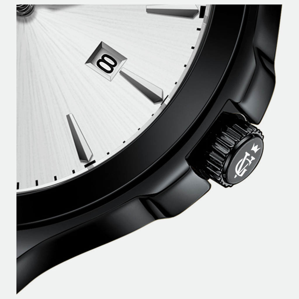 Relógio masculino Vanglore Upclassic preto com visor branco, 40mm, metal e aço inox, detalhe do mostrador e da coroa