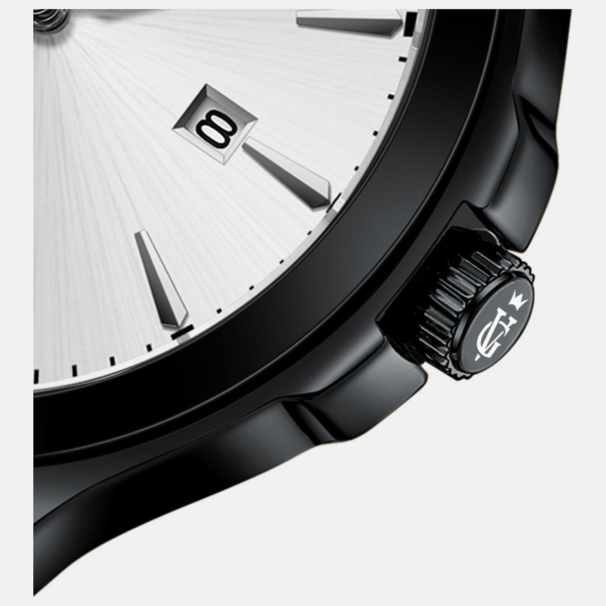 Relógio masculino Vanglore Upclassic preto com visor branco, 40mm, metal e aço inox, detalhe do mostrador e da coroa