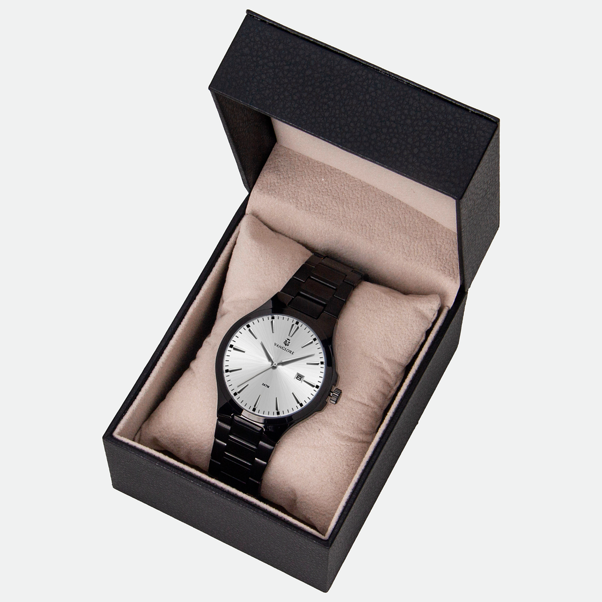 Relógio masculino Vanglore Upclassic preto com visor branco, 40mm, metal e aço inox, no estojo Vanglore