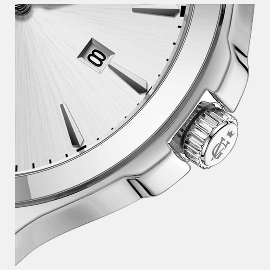 Relógio masculino Vanglore Upclassic prata, 40mm, metal e aço inox, detalhe do mostrador e da coroa