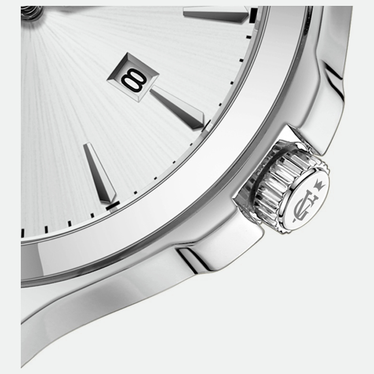 Relógio masculino Vanglore Upclassic prata, 40mm, metal e aço inox, detalhe do mostrador e da coroa