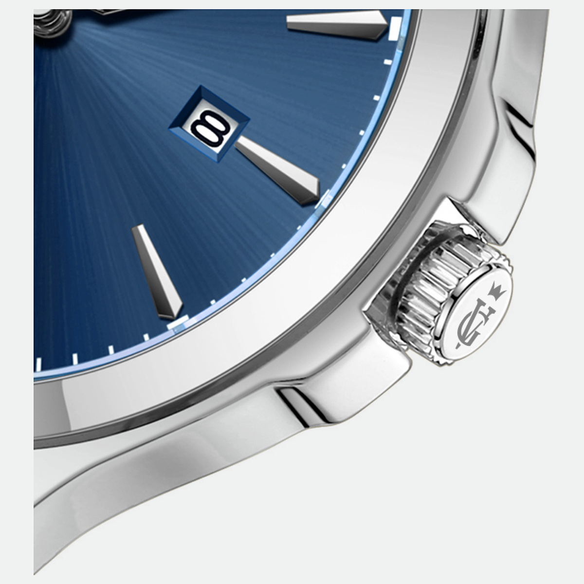 Relógio masculino Vanglore Upclassic prata com visor azul, 40mm, metal e aço inox, detalhe do mostrador e da coroa
